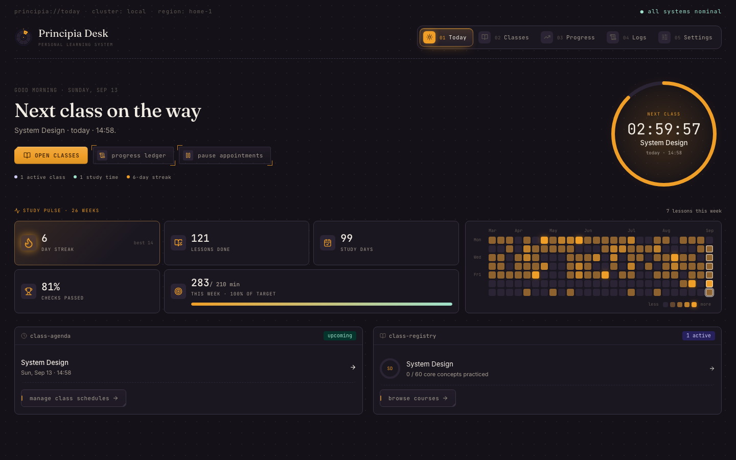 The Today page of Principia Desk: a countdown ring to the next class, the study pulse with a streak and a half-year contribution map, and the class agenda