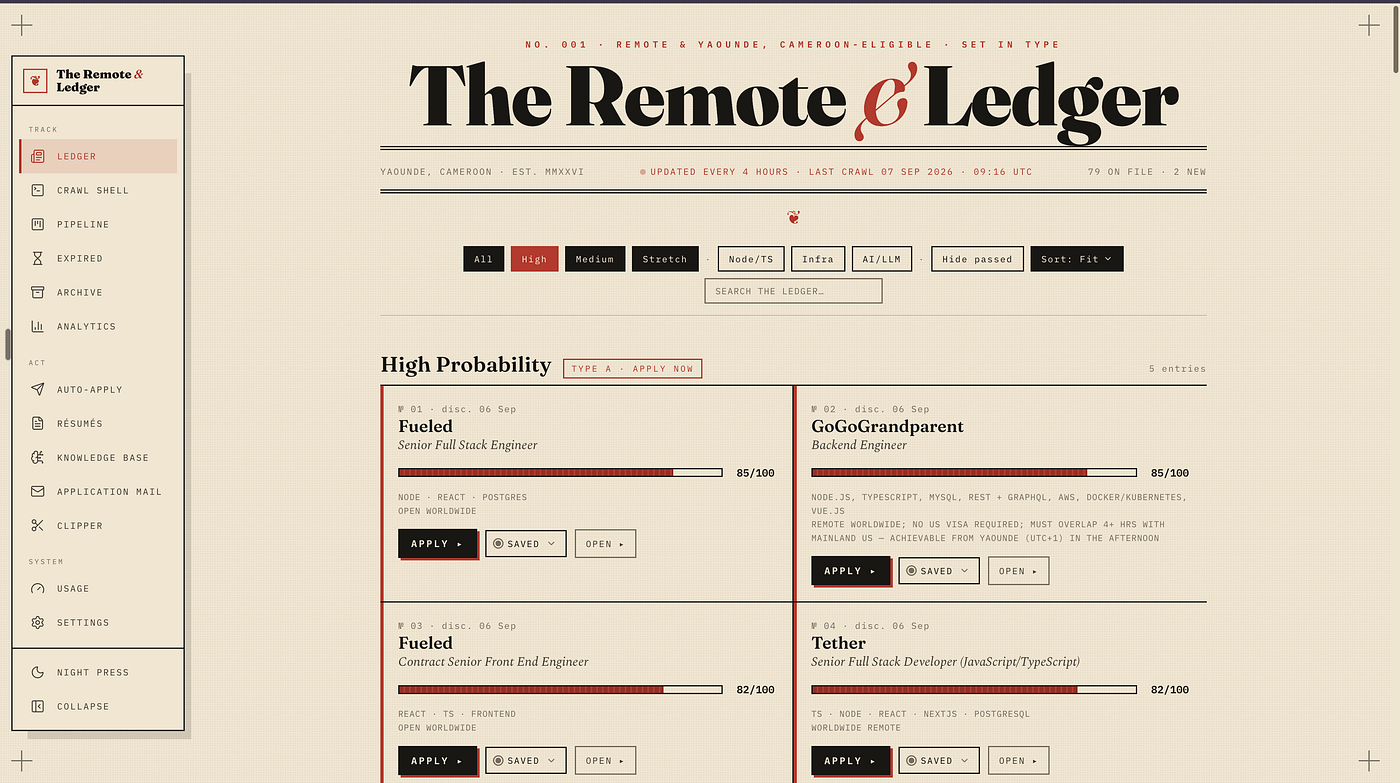 The Remote & Ledger broadsheet: remote roles grouped by fit, each with a fit meter and an Apply button