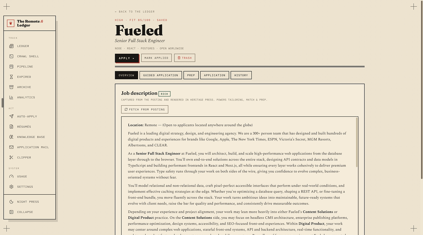 A job page in The Remote & Ledger: the posting rendered in Heritage Press, with the Overview, Guided application, Prep, Application and History tabs